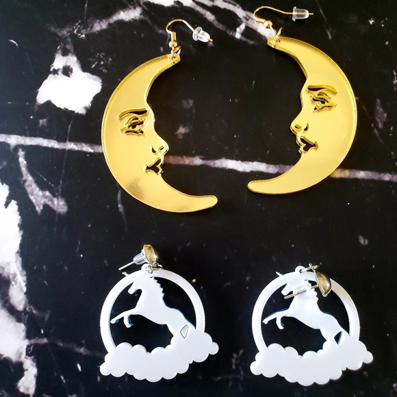 Whimsical Moon Unicorn Sparkle Earrings! 2 Pairs - Picture 4 of 5